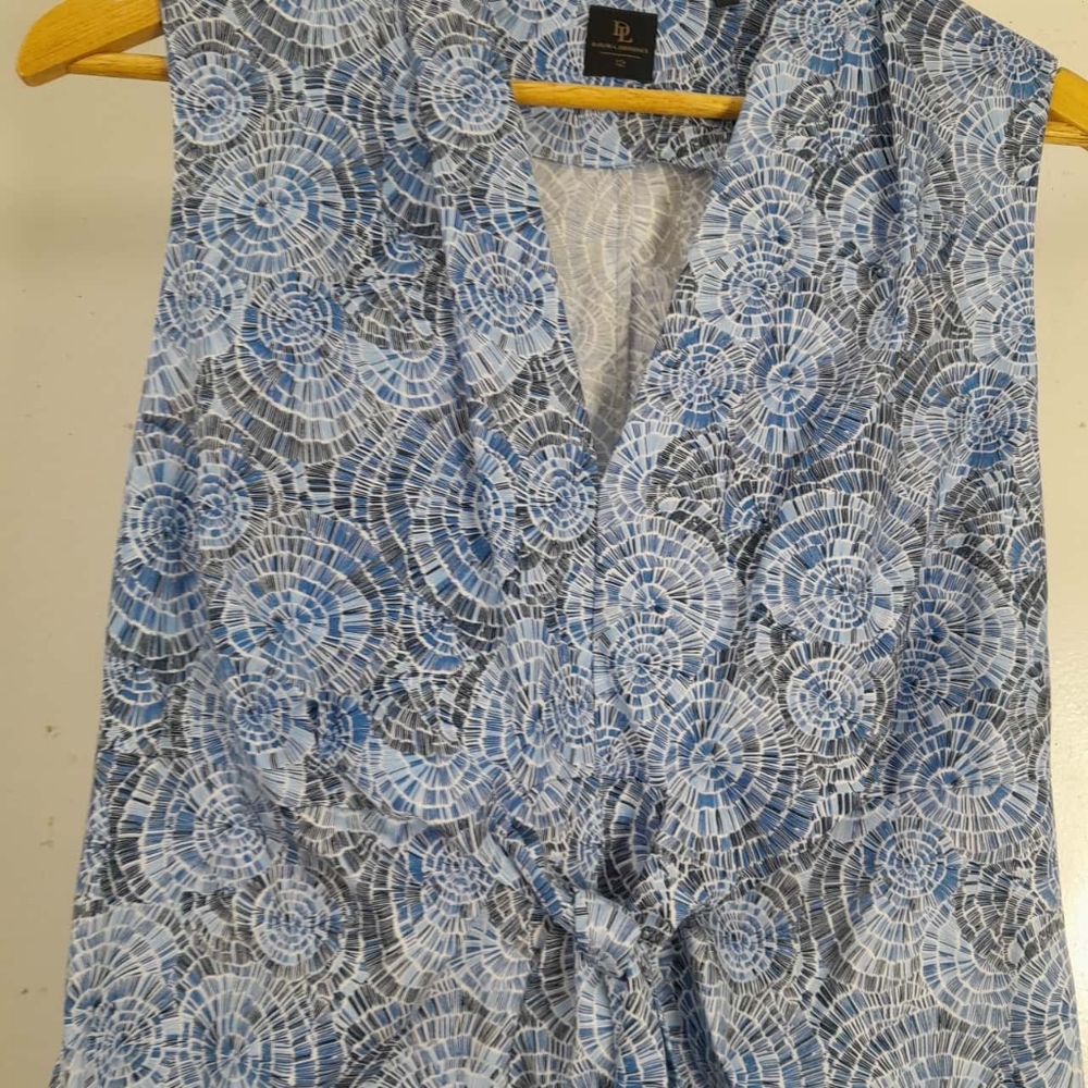 DAVID LAWRENCE Blue Cotton Printed Tie Front Sleeveless Midi Dress - Picture 11 of 14
